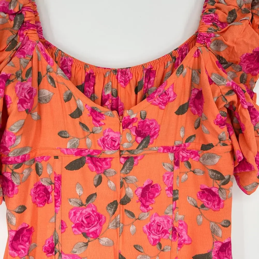 WAYF Liv Puff Short Sleeve Womens Mini Dress Bright Orange Pink Floral Rose XS